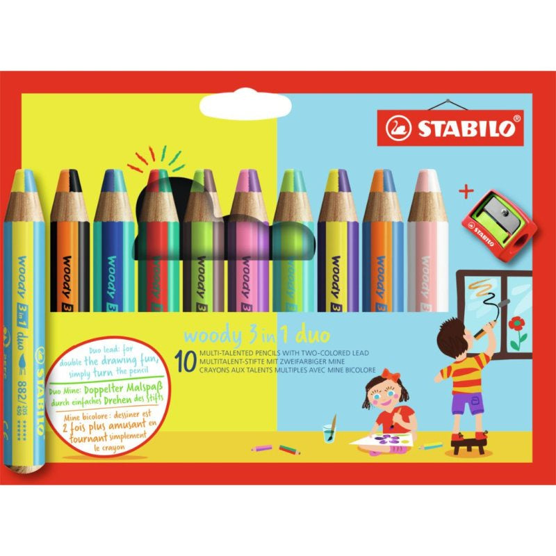 STABILO woody 3-in-1 duo Multi-talented Pencil - wallet of 10 - Assorted Colours - with Sharpener