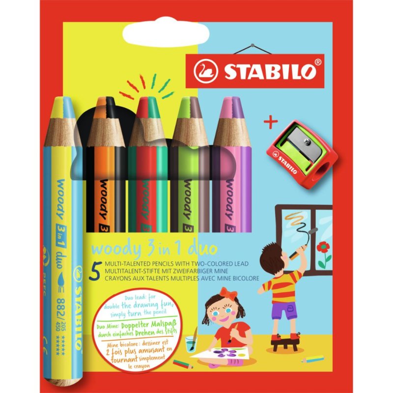 STABILO woody 3-in-1 duo Multi-talented Pencil wallet of 5 - Assorted Colours - with Sharpener