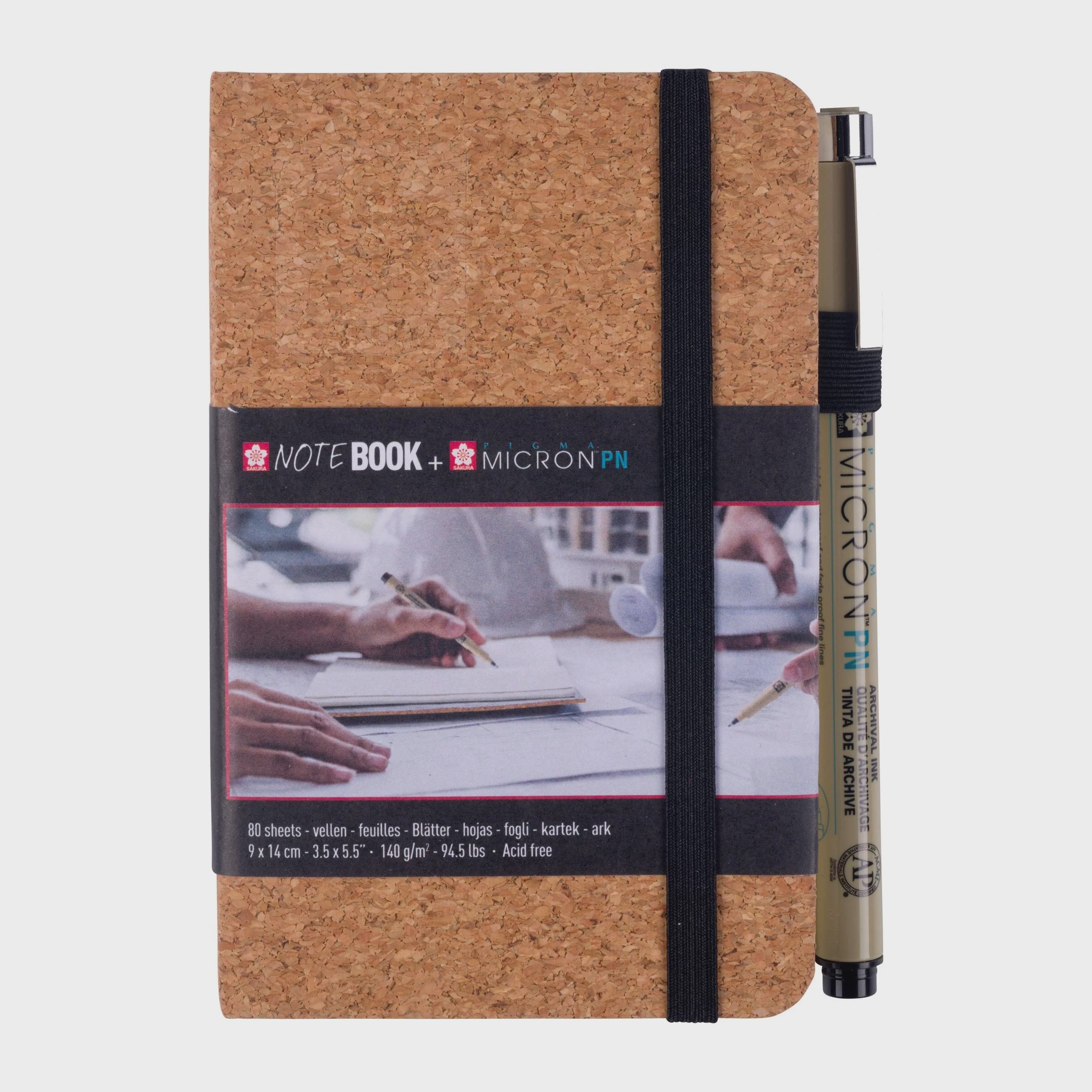 Sketch/notebook cork, cream paper | 9 x 14 cm, 140 g, 80 sheets + black Pigma Micron PN