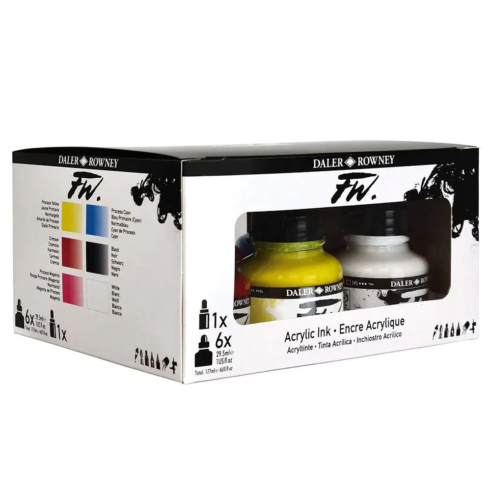 Daler Rowney FW Acrylic Ink Primary Set 6 x 29.5ml with Marker