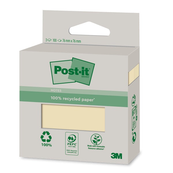 Post-it  Recycled Canary Yellow Notes 100 sheets/pad  2 pads/pack  76x76mm  "6mm